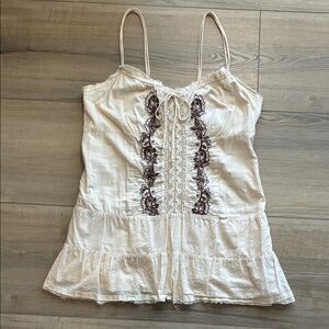 Mossimo Vintage Women’s Cream Boho Embroidered Spaghetti Strap Top Size S